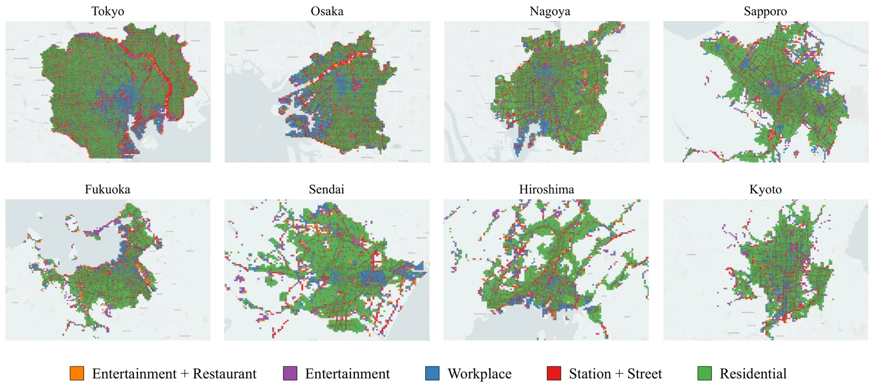 OpenUAS による主要8都市それぞれのエリアベクトルのクラスタリング結果の地図